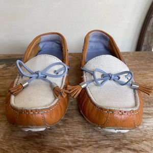 COLE HAAN Loafers Camel Leather Linen & Periwinkle Bow Tassel Fringe Womans 6.5B